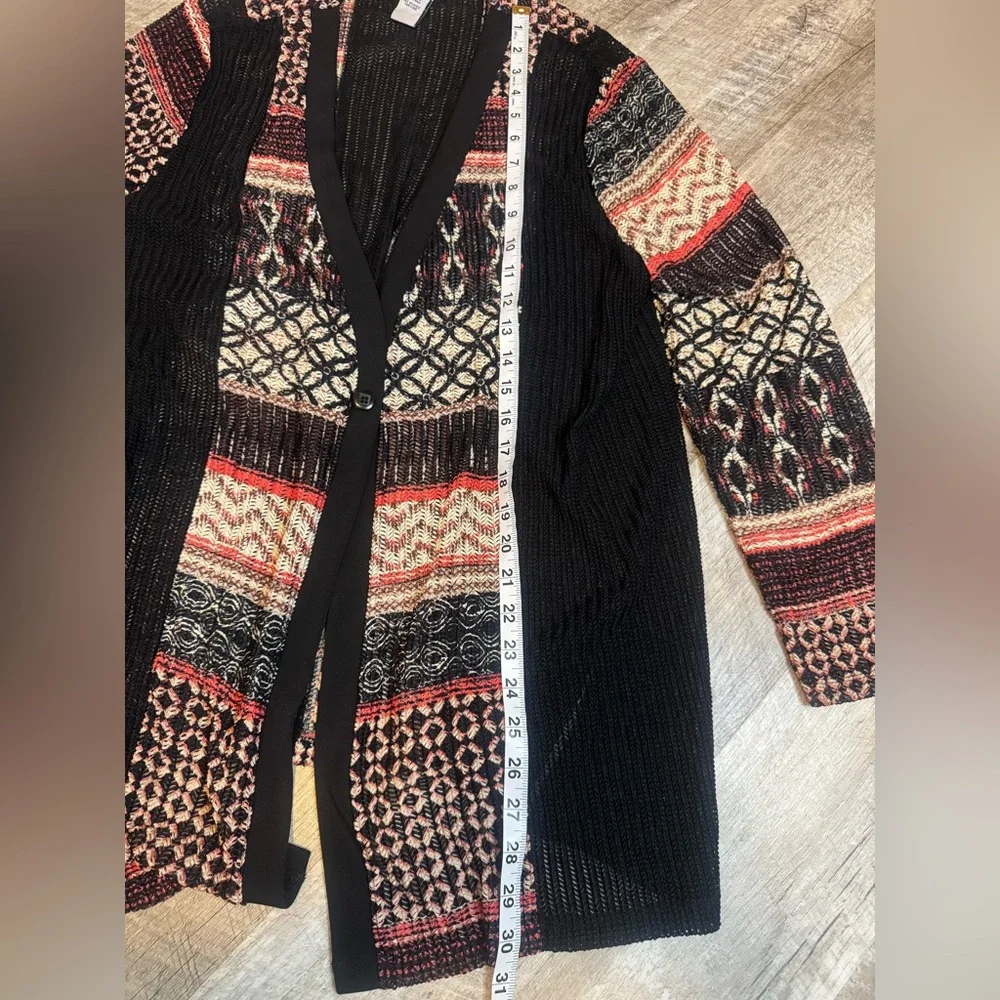 Catherines Black, Red, and Cream Textured Patterned One- Button Cardigan,